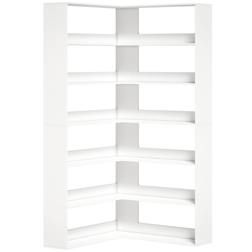 7 Tiers Bookshelf, L-Shaped Corner Bookcase with Anti-Slip Rear Guard, White Wood Effect