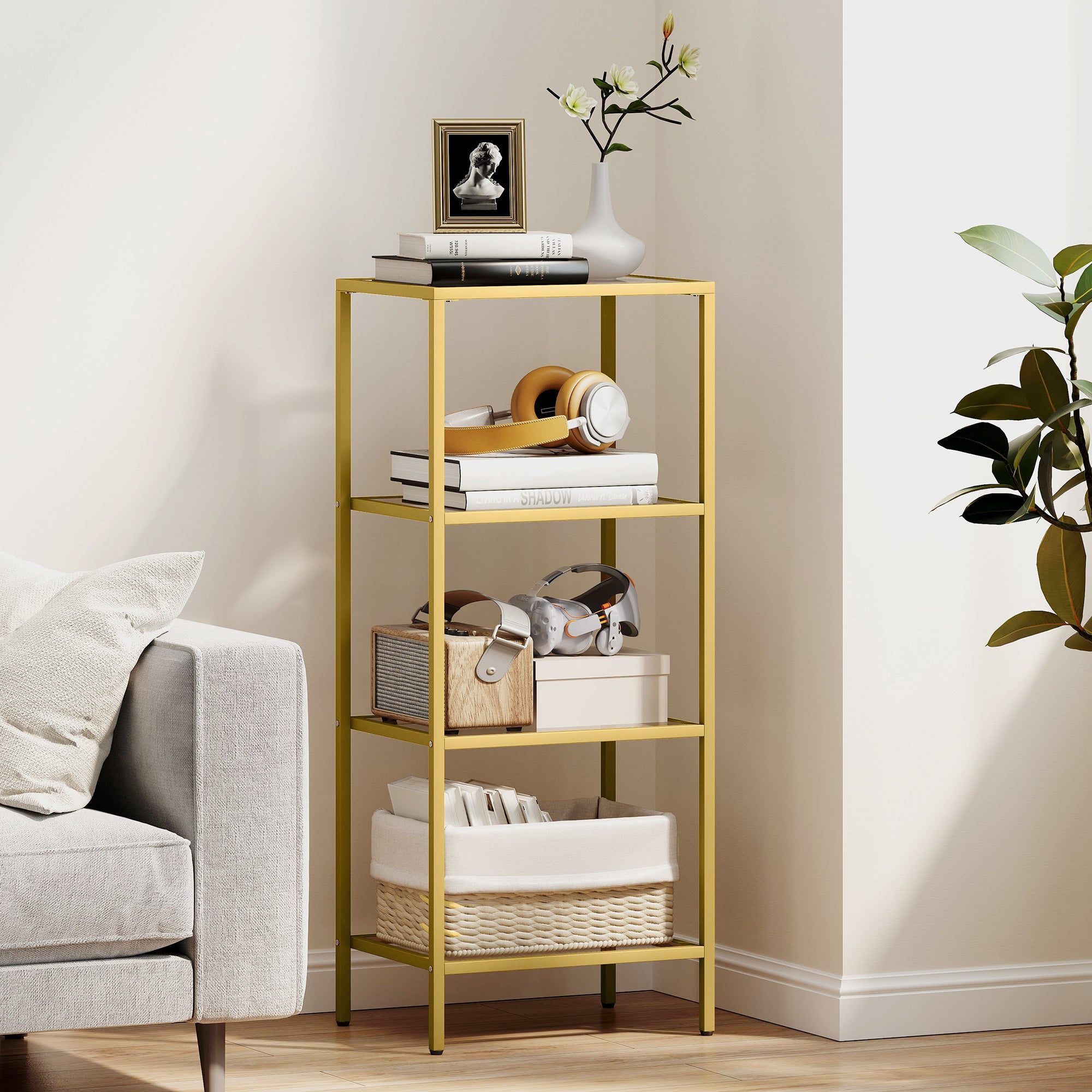 4-Tier Shelving Unit, Glass Shelf, Vertical Storage Shelf for Living Room, Home Office, Bedroom, Bathroom, Gold Tone