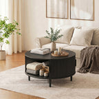 Coffee Table with Lift Top and Hidden Storage, Round Centre Table with Fluted Sliding Door, 80 cm, Black Wood Effect