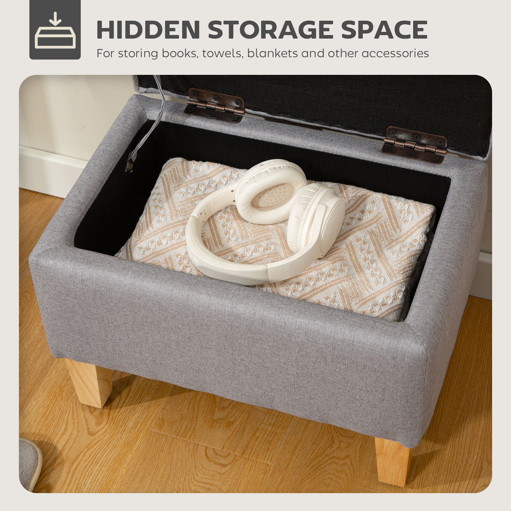 16L Linen Storage Ottoman Padded Footstool with Rubberwood Legs for Storage Box, Bed End, Shoe Bench, Seating, Light Grey