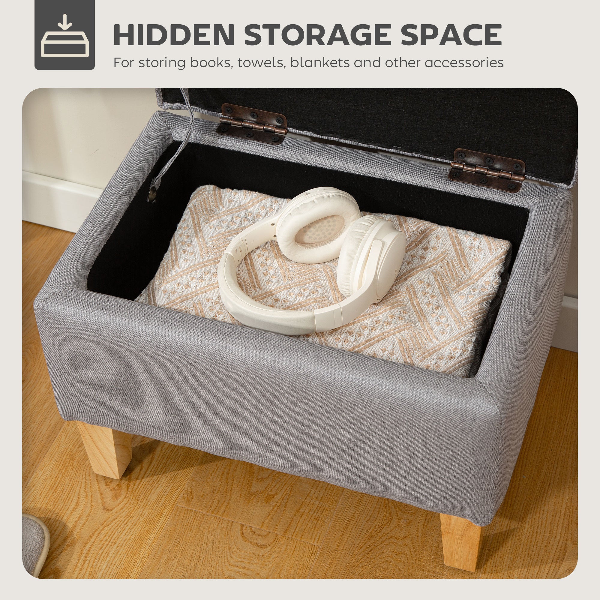 16L Linen Storage Ottoman Padded Footstool with Rubberwood Legs for Storage Box, Bed End, Shoe Bench, Seating, Light Grey