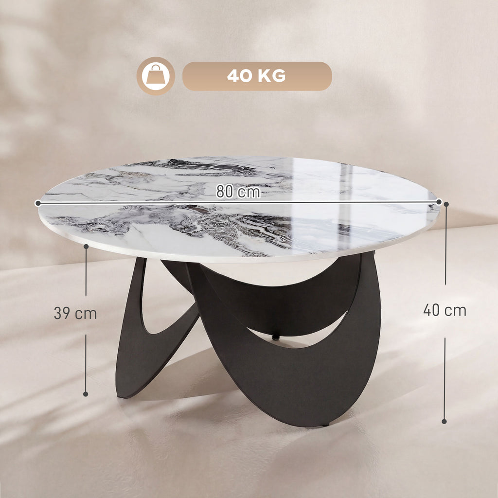 Coffee Table Sintered Stone Top Adjustable Foot Pads Modern Centre Table for Living Room White and Black