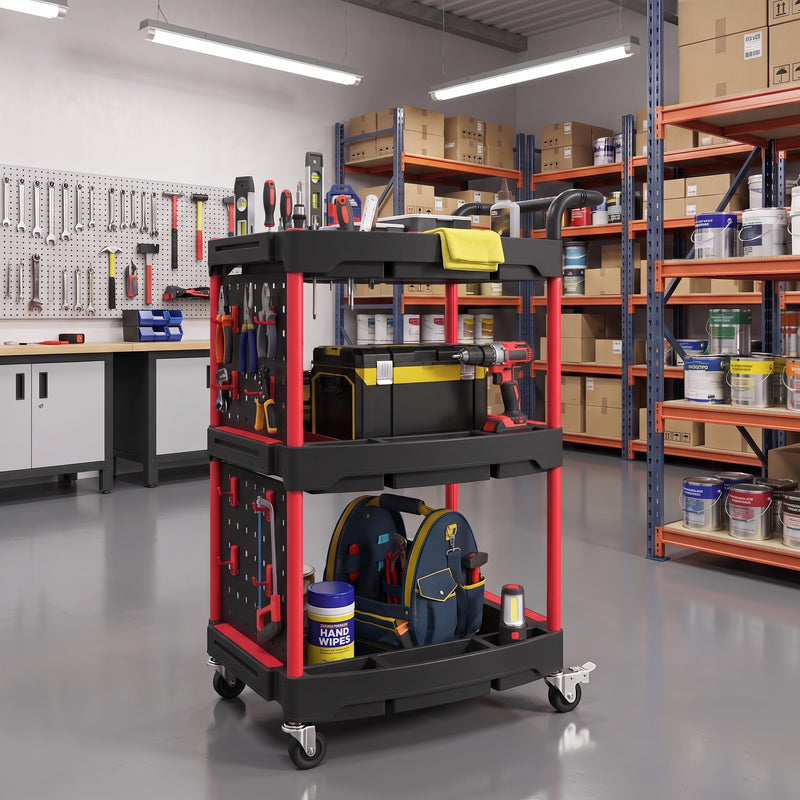 3-Tier Rolling Tool Trolley with Pegboard, Hooks & Brakes – Black/Red – image 8 of 9