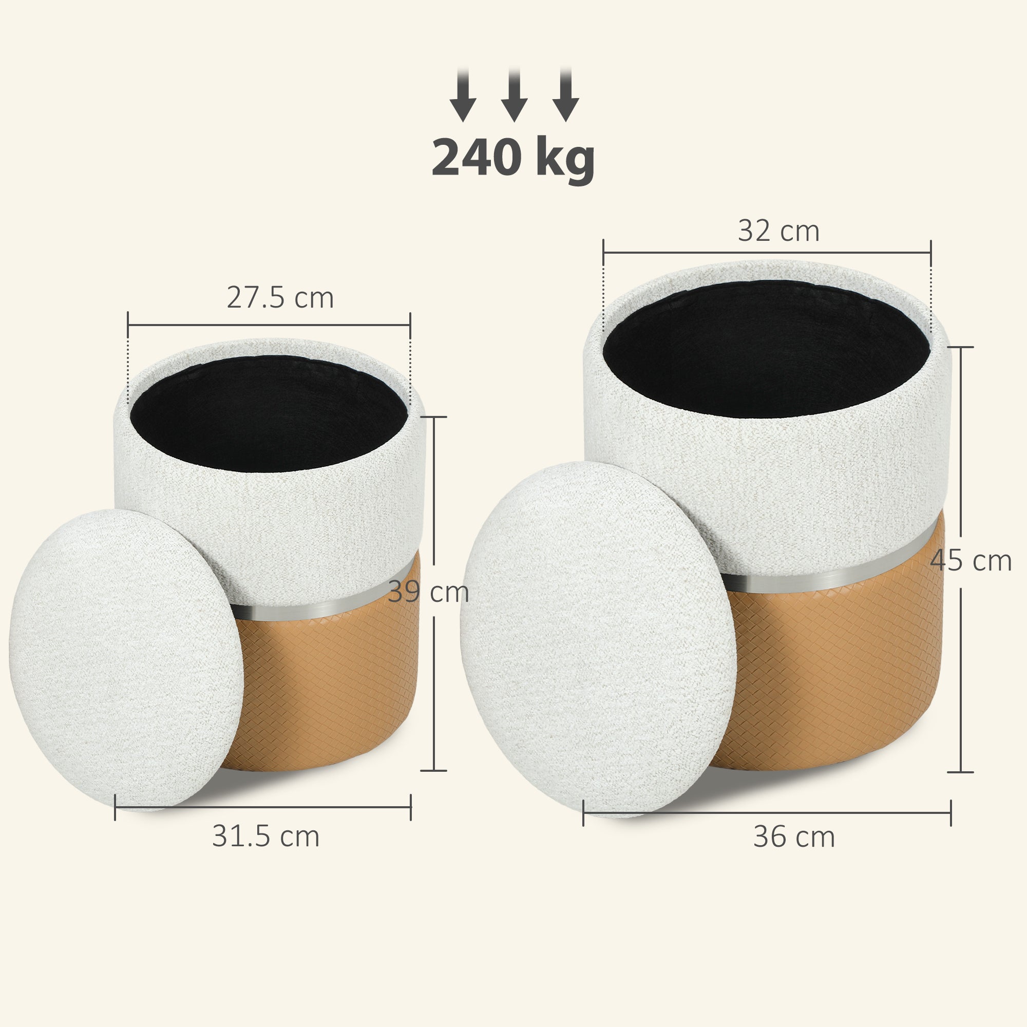 Nesting Round Ottoman with Storage Set of 2 - Cream/Brown