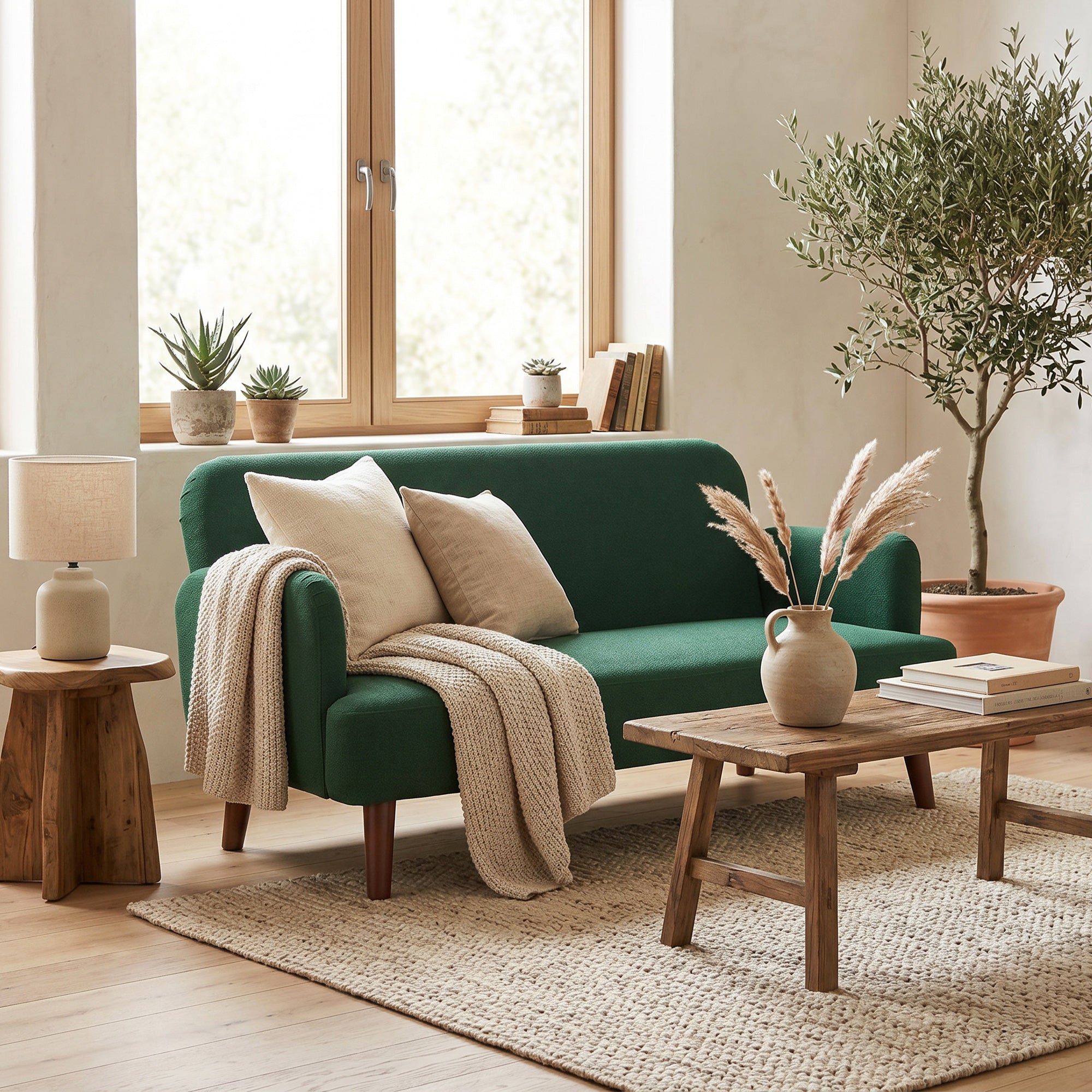 Velvet Feel Fabric 2 Seater Sofa, Small Sofa Loveseat with 21cm Thick Padding and Wood Legs, Dark Green