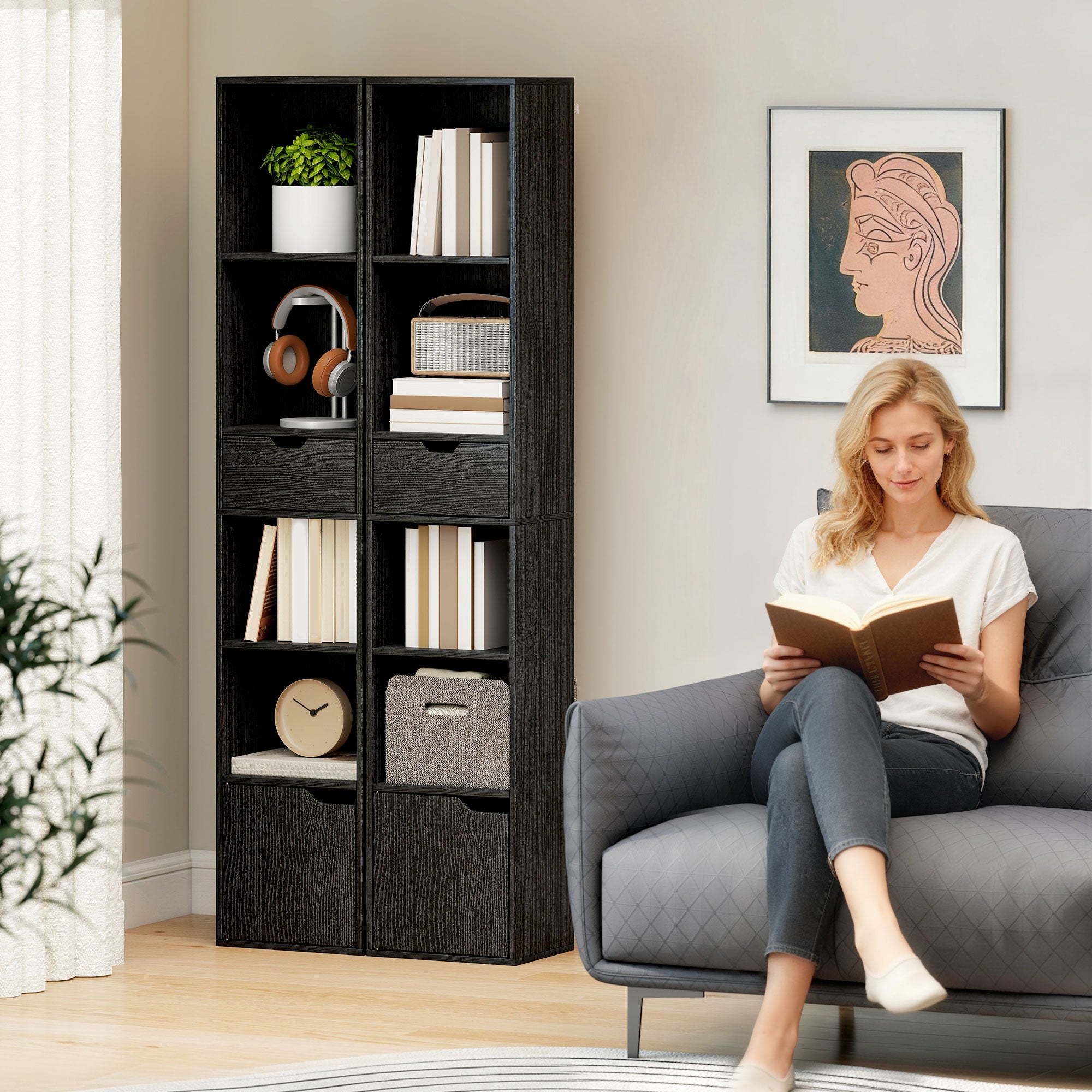 6-Tier Bookcase, Tall Narrow Bookshelf with Drawer and Door - Black