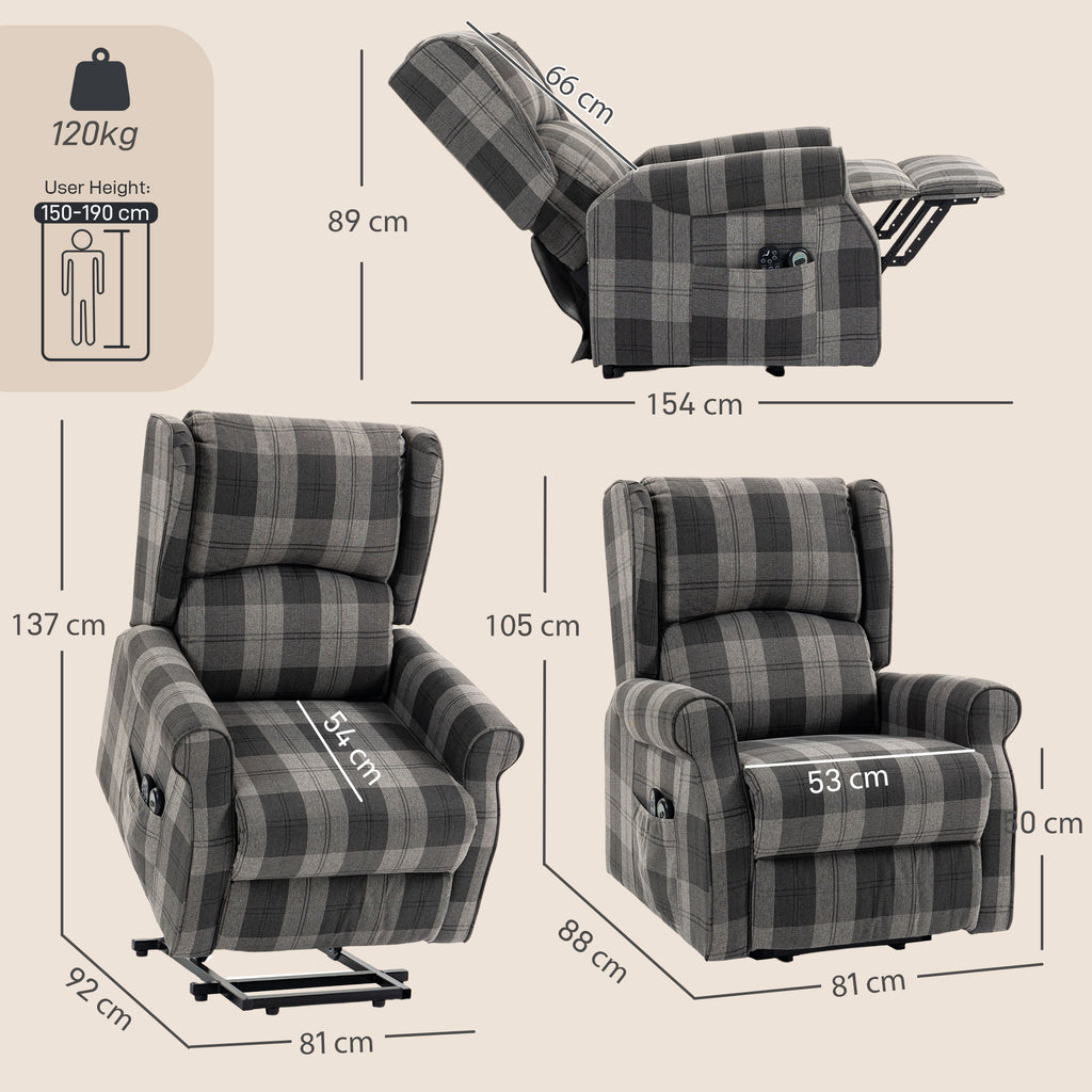 Power Lift Recliner Chair with Vibration Massage, Heat, Checked Lift Chair with Remote, Side Pockets, Grey