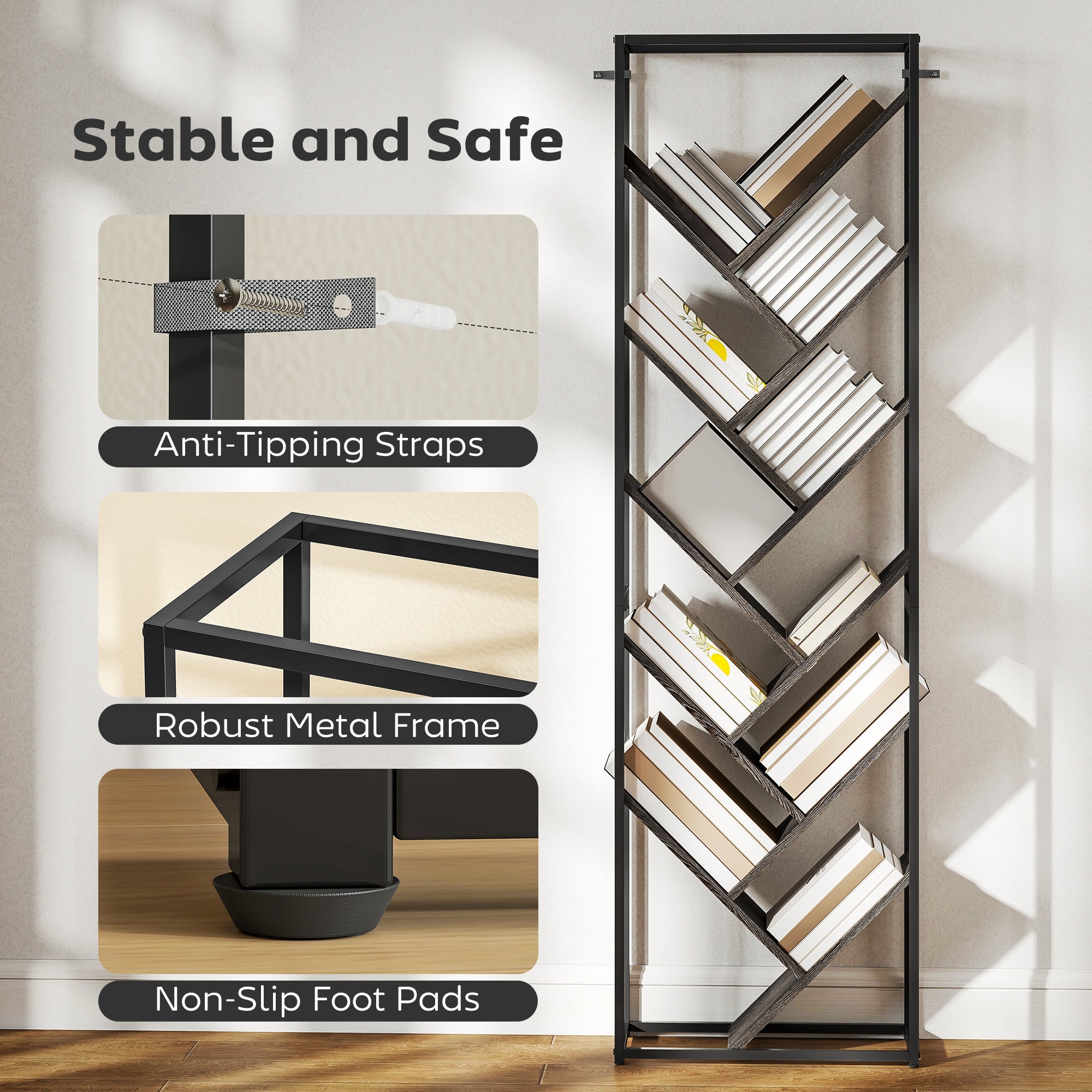 10 Shelf Industrial-Style Bookshelf - Black/Grey
