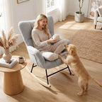 Rocking Chair, Teddy Fleece Rocker Chair with Tufted Wingback, Side Pockets, Rubber Wood Legs, Light Grey