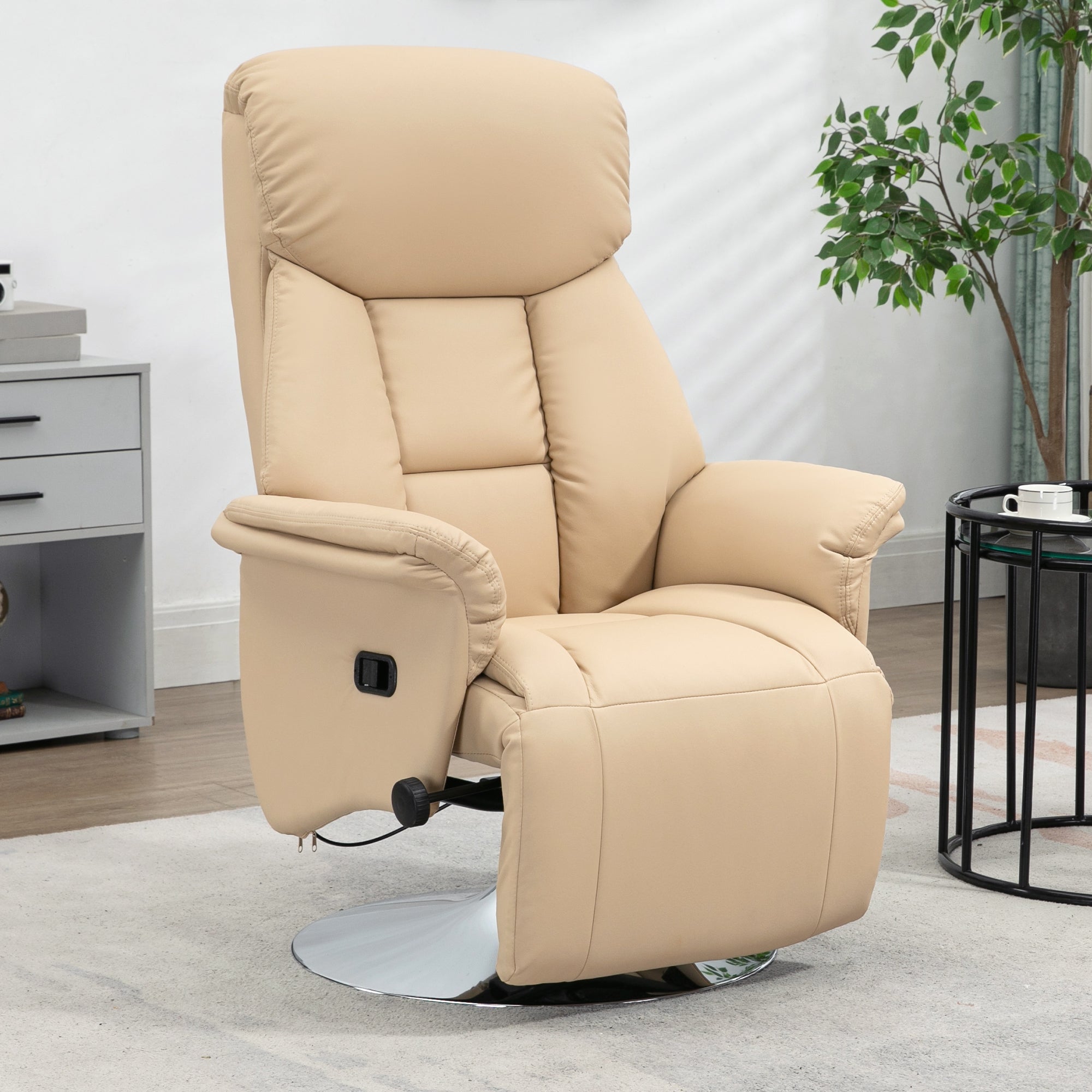 Adjustable Swivel Recliner, Manual Recliner Chair with Footrest, Padded Arms, PU Leather Upholstery, Beige