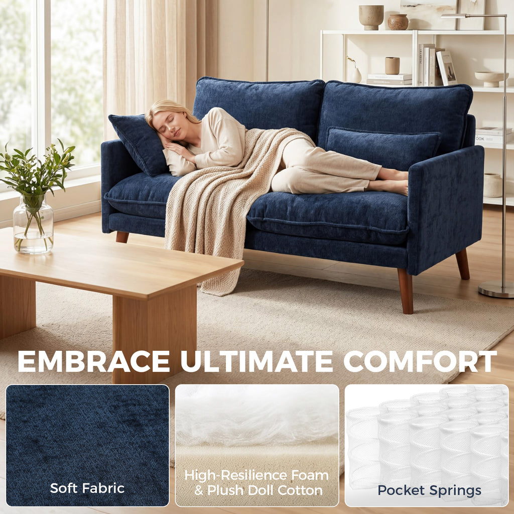 2 Seater Sofa, Loveseat Sofa with Spring Cushions, Wide and Deep Seat, Wood Legs, Blue