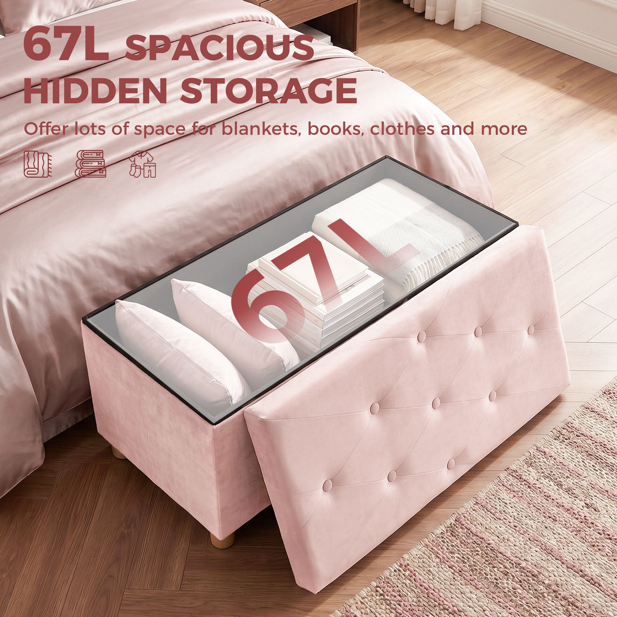 Velvet Upholstered Foldable Ottoman Footrest, Storage Ottoman Bench with Wood Legs for Living Room, Pink