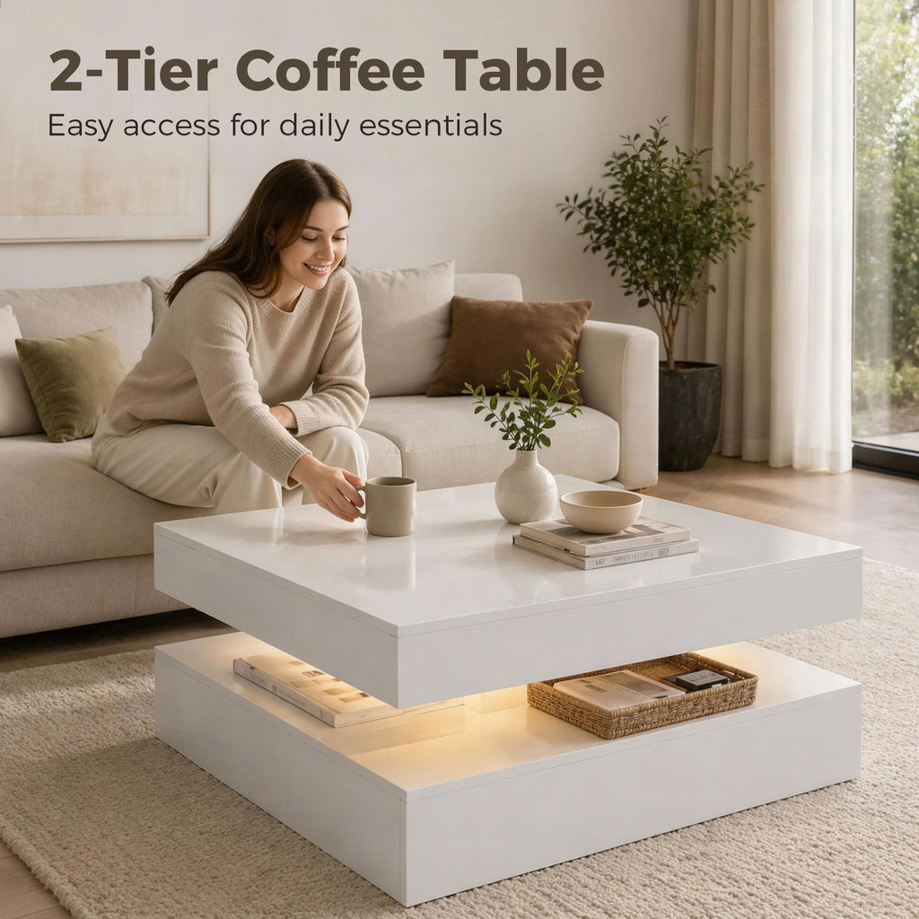 LED Coffee Table with Storage, 2-Tier Modern Centre Table with Open Shelf and Remote for Living Room, High Gloss White
