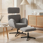 Swivel Armchair and Footstool Set, Height Adjustable Accent Chair with Adjustable Headrest, Rocking Function, Grey