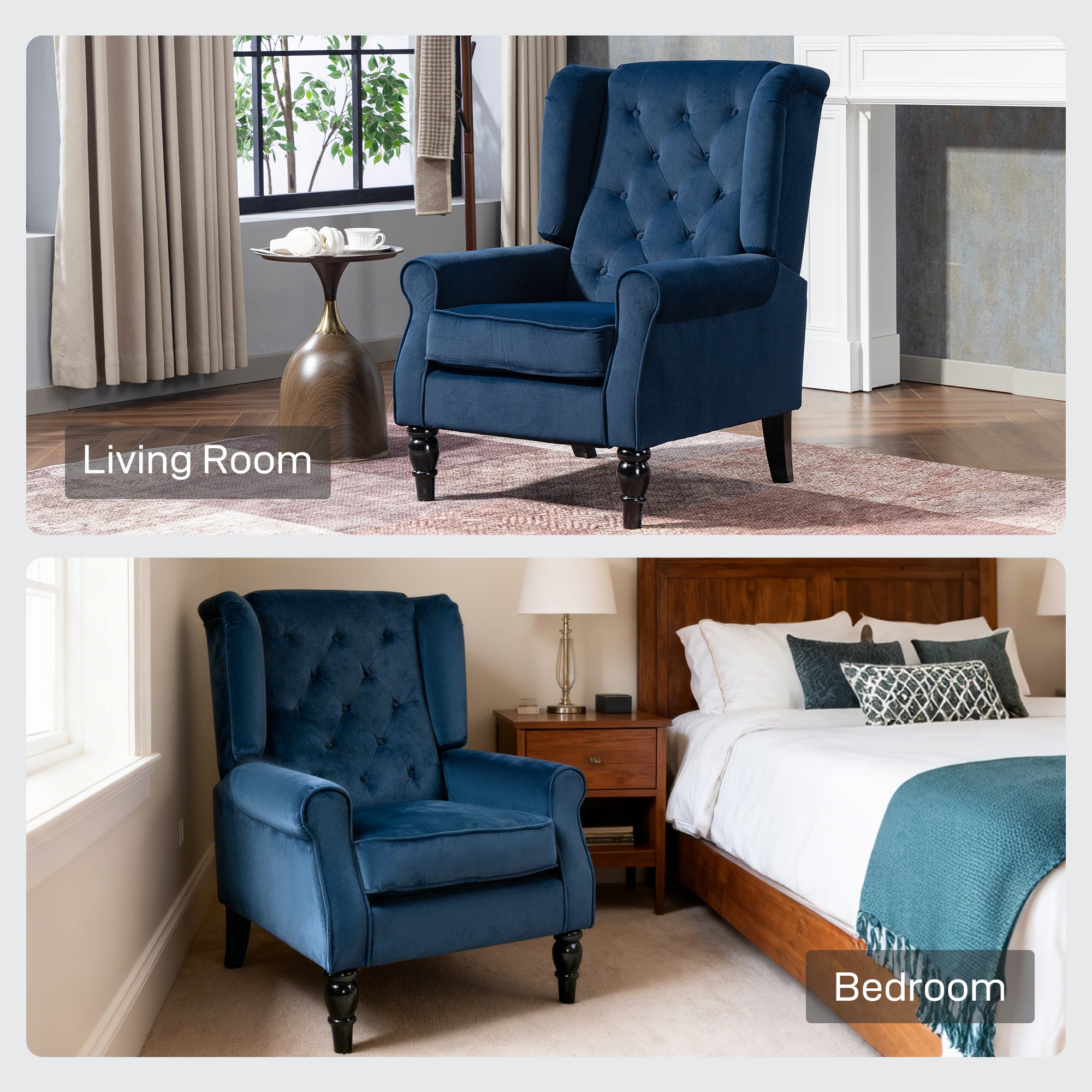Wingback Accent Chair, Retro Upholstered Button Tufted Occasional Chair for Living Room and Bedroom, Dark Blue