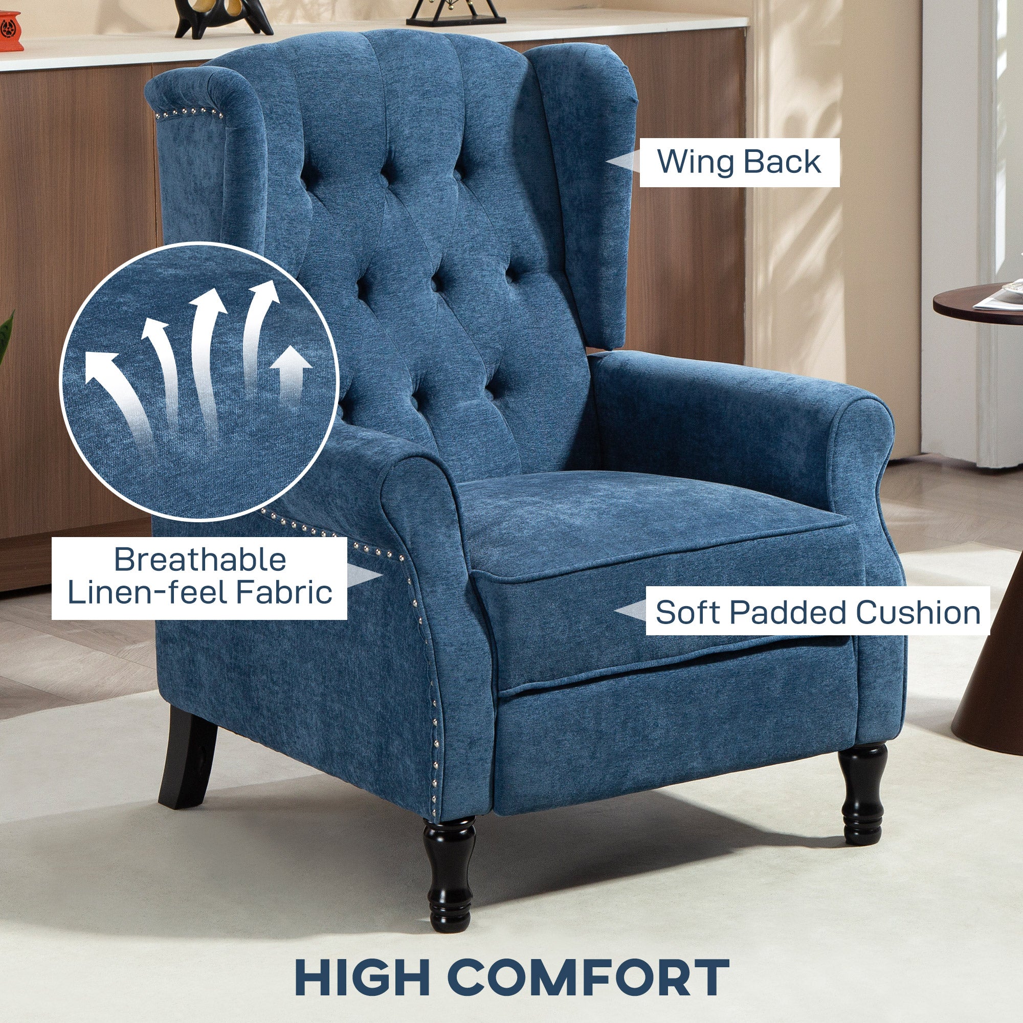 150Â° Reclining Vintage Armchair, with footrest, Royal Blue