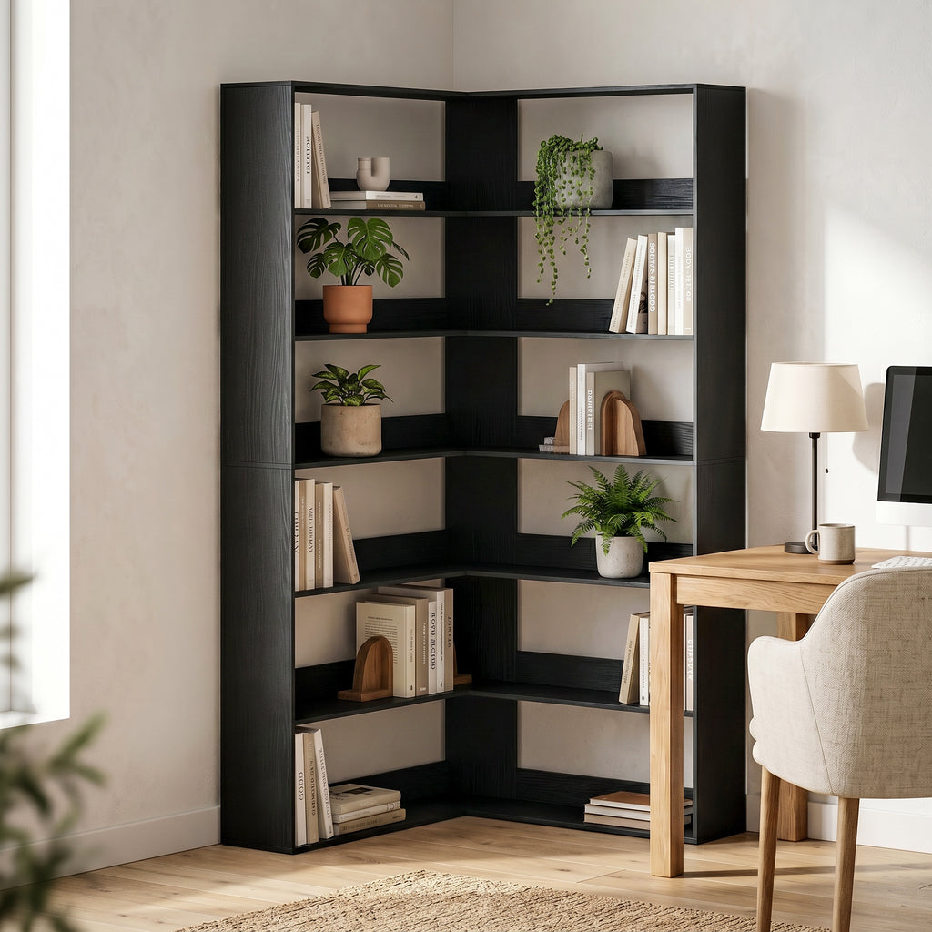 7 Tiers Bookshelf, L-Shaped Corner Bookcase with Anti-Slip Rear Guard, Black Wood Effect