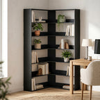 7 Tiers Bookshelf, L-Shaped Corner Bookcase with Anti-Slip Rear Guard, Black Wood Effect