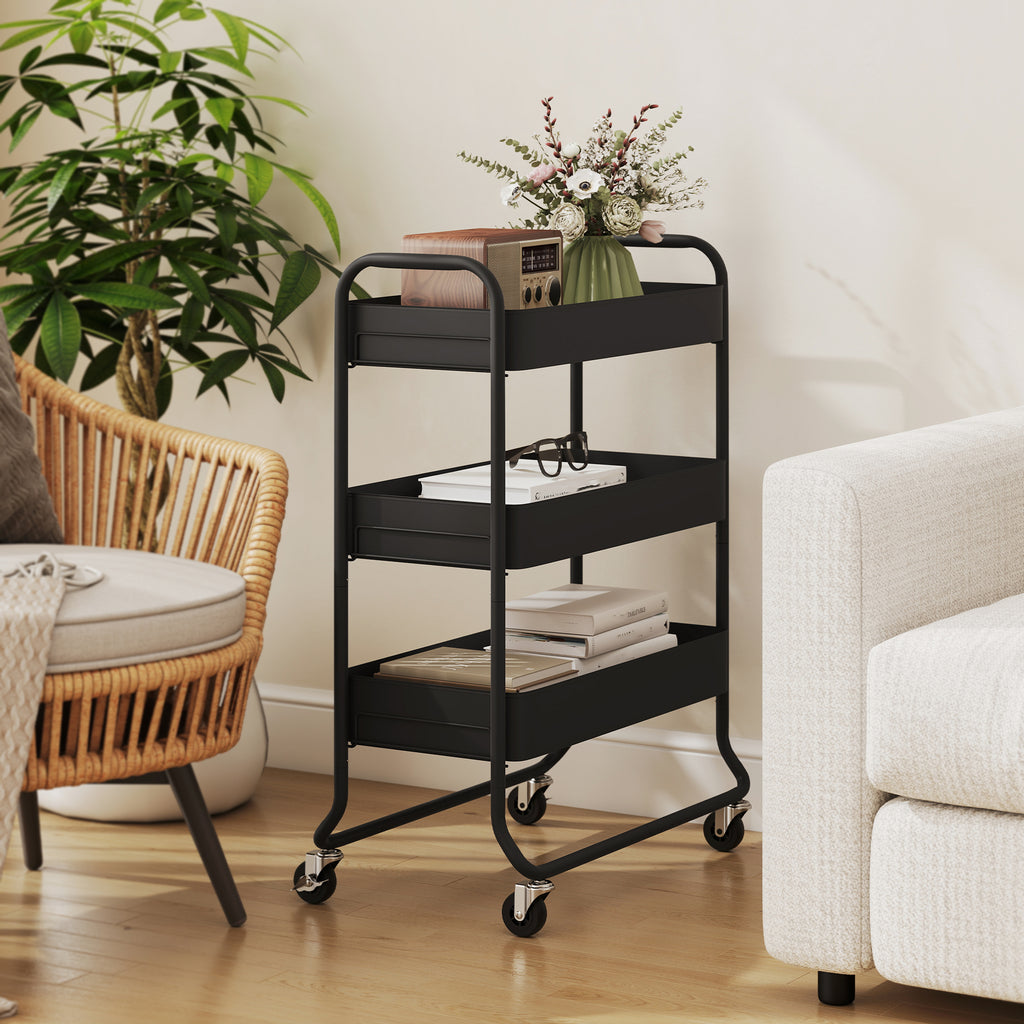 HOMCOM 3-Tier Storage Trolley on Wheels with Mesh Baskets - Black