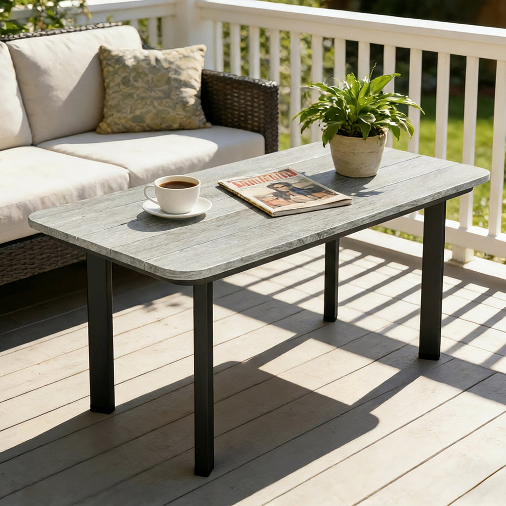Outdoor Garden Coffee Table, Garden Table with Slatted Wood Plastic Composite Top and Metal Frame, Grey