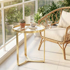 Round Side Table with Tempered Glass Top and Geometric Metal Frame for Small Space, Gold Tone