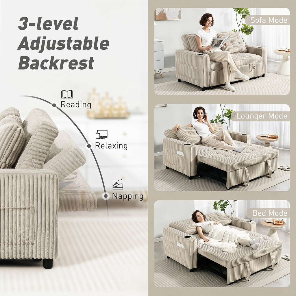 Corduroy Click Clack Sleeper Sofa with Pull Out Design, 2 Seater Sofa Bed, Cream White