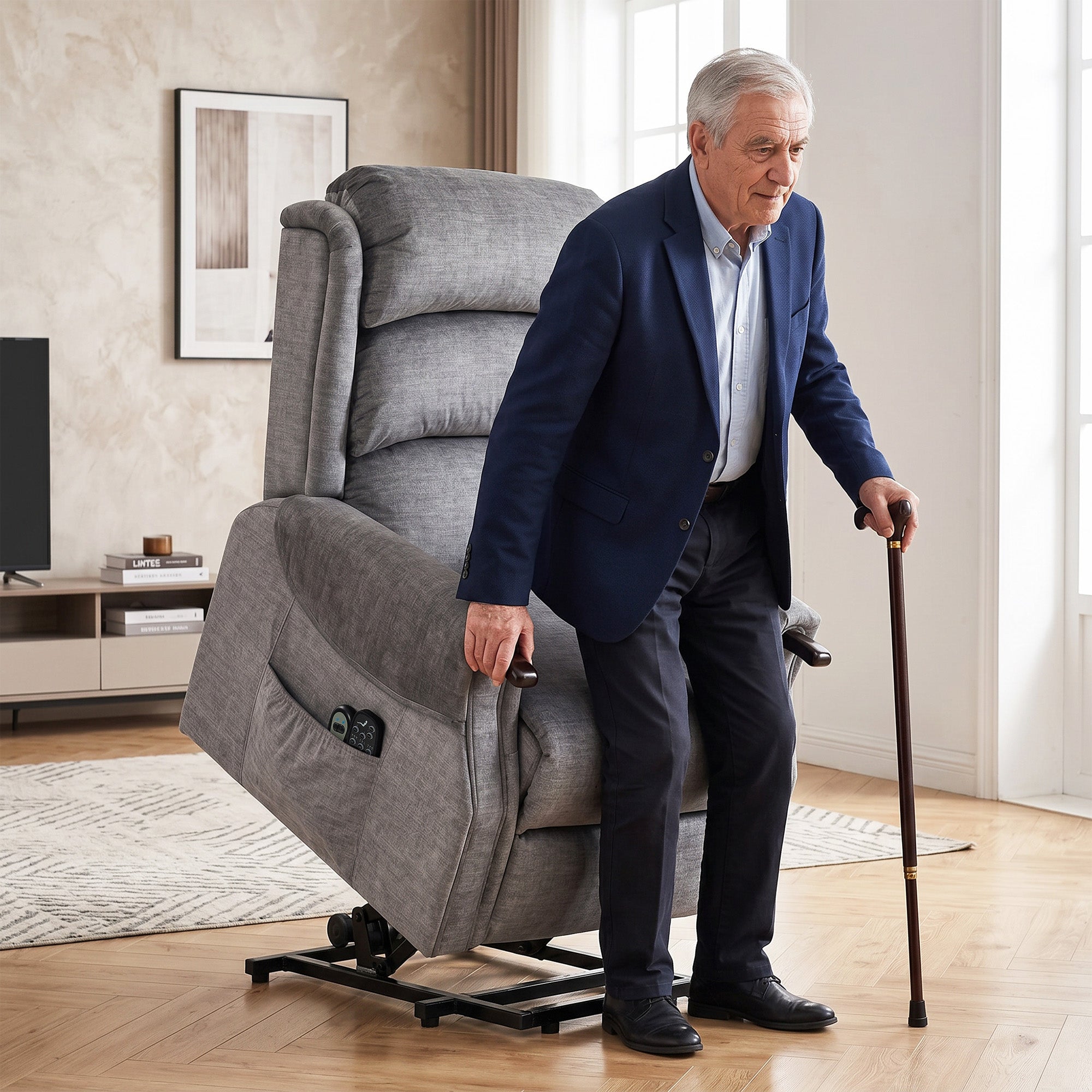Power Lift Recliner with Vibration Massage and Heat, Lift Chair for Tall with Wood Grip, Pocket Spring, Light Grey