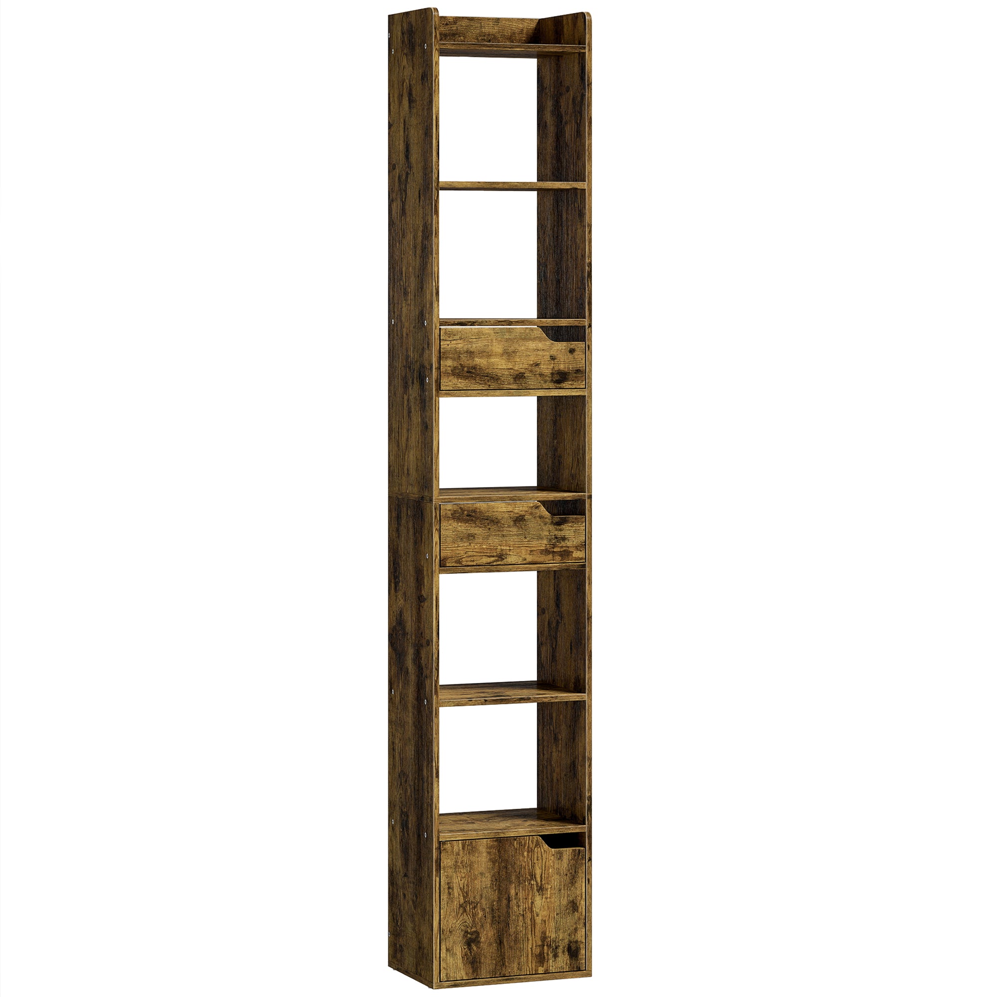 Bookcase Tall Narrow with 5 Tiers and Drawers Freestanding Bookshelf Storage Cabinet for Living Room Rustic Brown