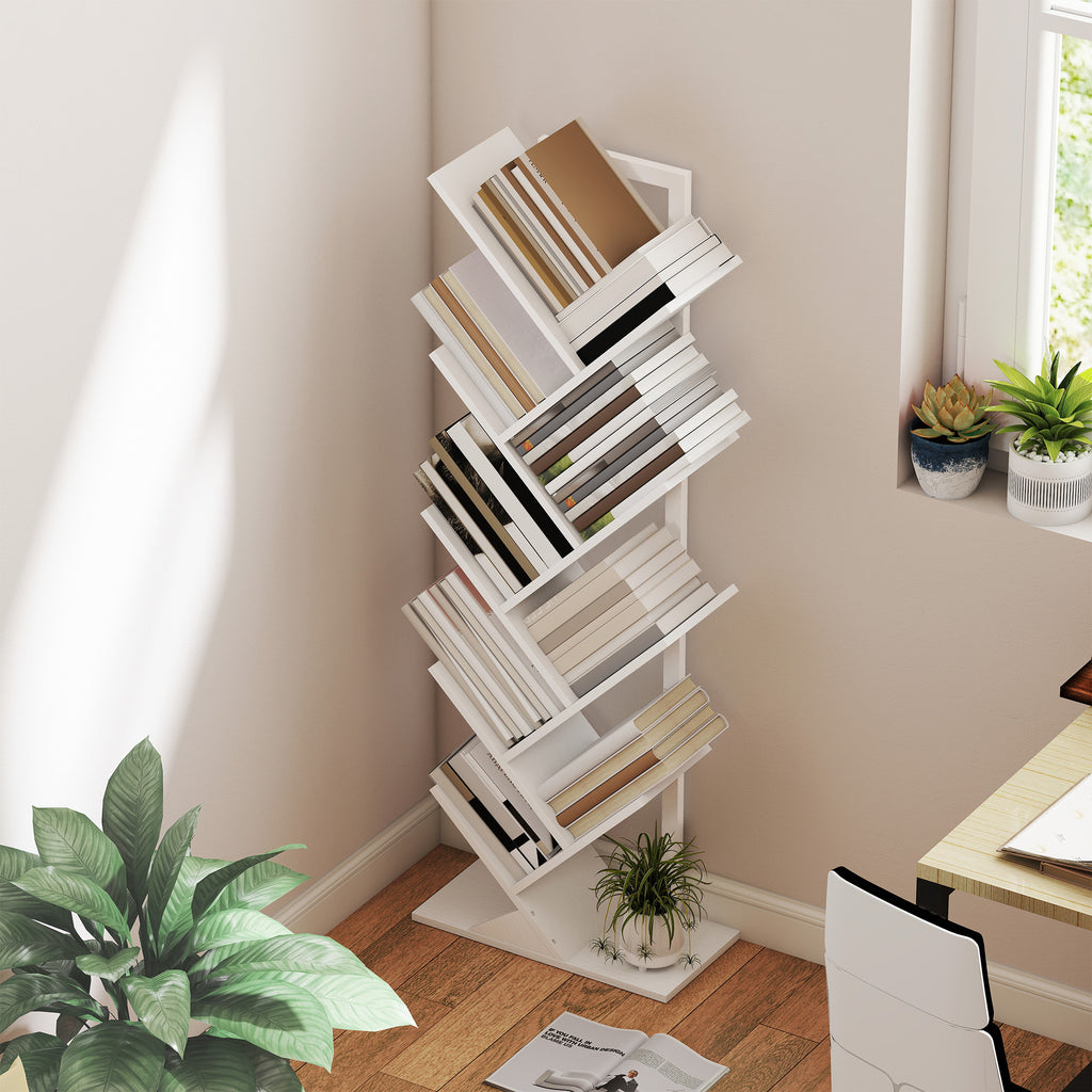 9-Tier Tree Bookshelf, Industrial Free Standing Bookcase with Steel Frame, Display Storage White