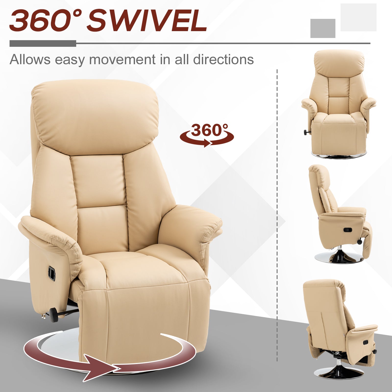 Adjustable Swivel Recliner, Manual Recliner Chair with Footrest, Padded Arms, PU Leather Upholstery, Beige