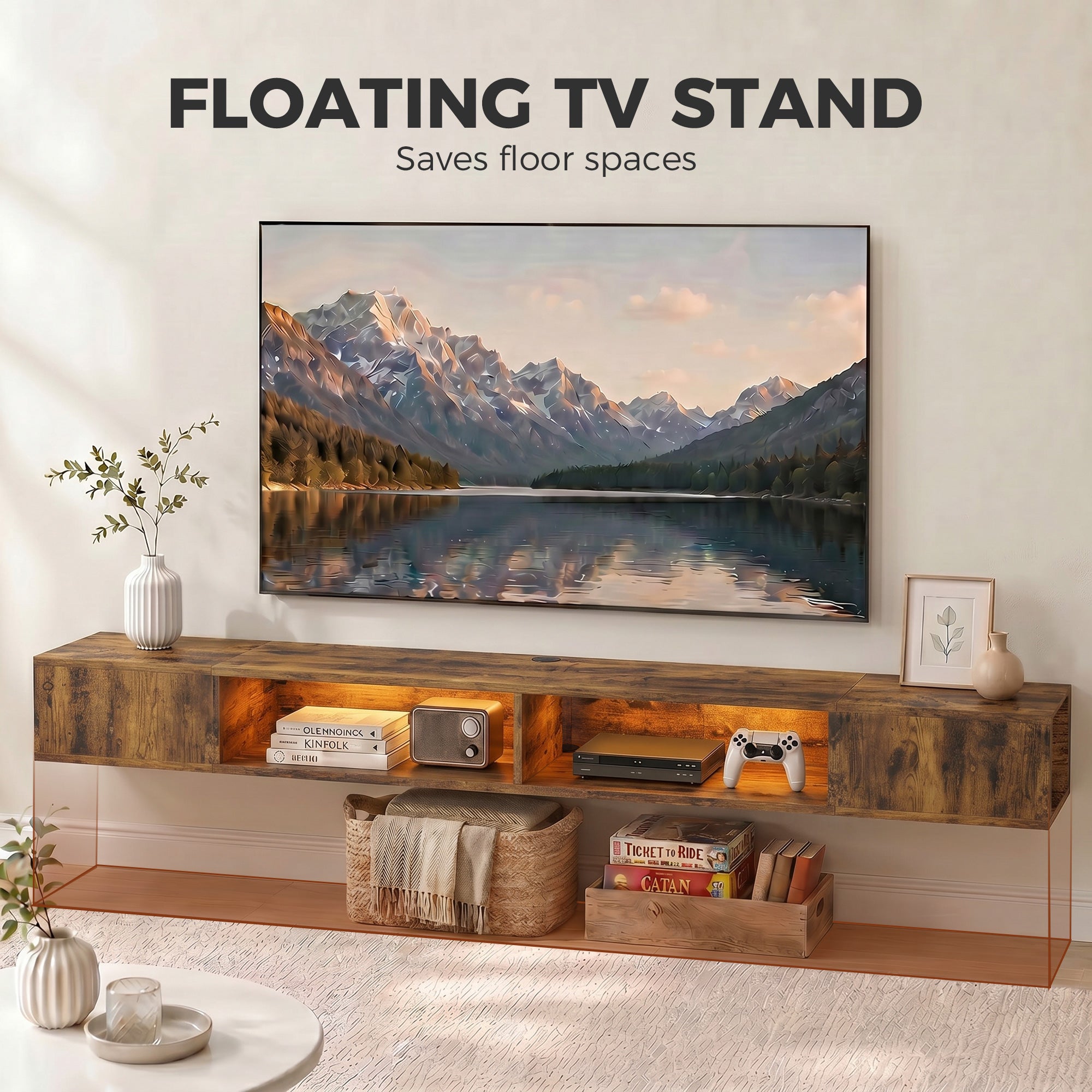 Wall Mounted TV Stand with RGB LED Lights, Floating Entertainment Centre for 75 Inch TV, Rustic Brown