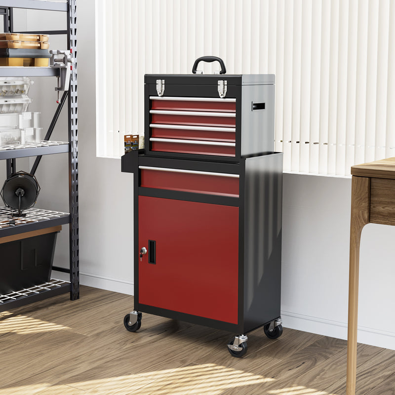 Two-Part Rolling Tool Chest with 5 Drawers & Lockable Cabinet – Black/Red – image 2 of 9