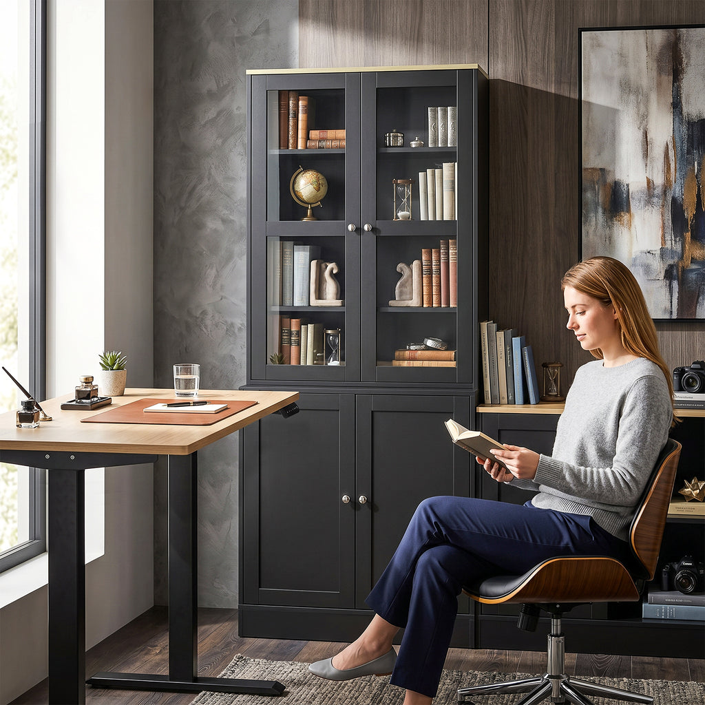 Modern Bookcase Display Storage Unit with Glass Doors Adjustable Shelves, Black