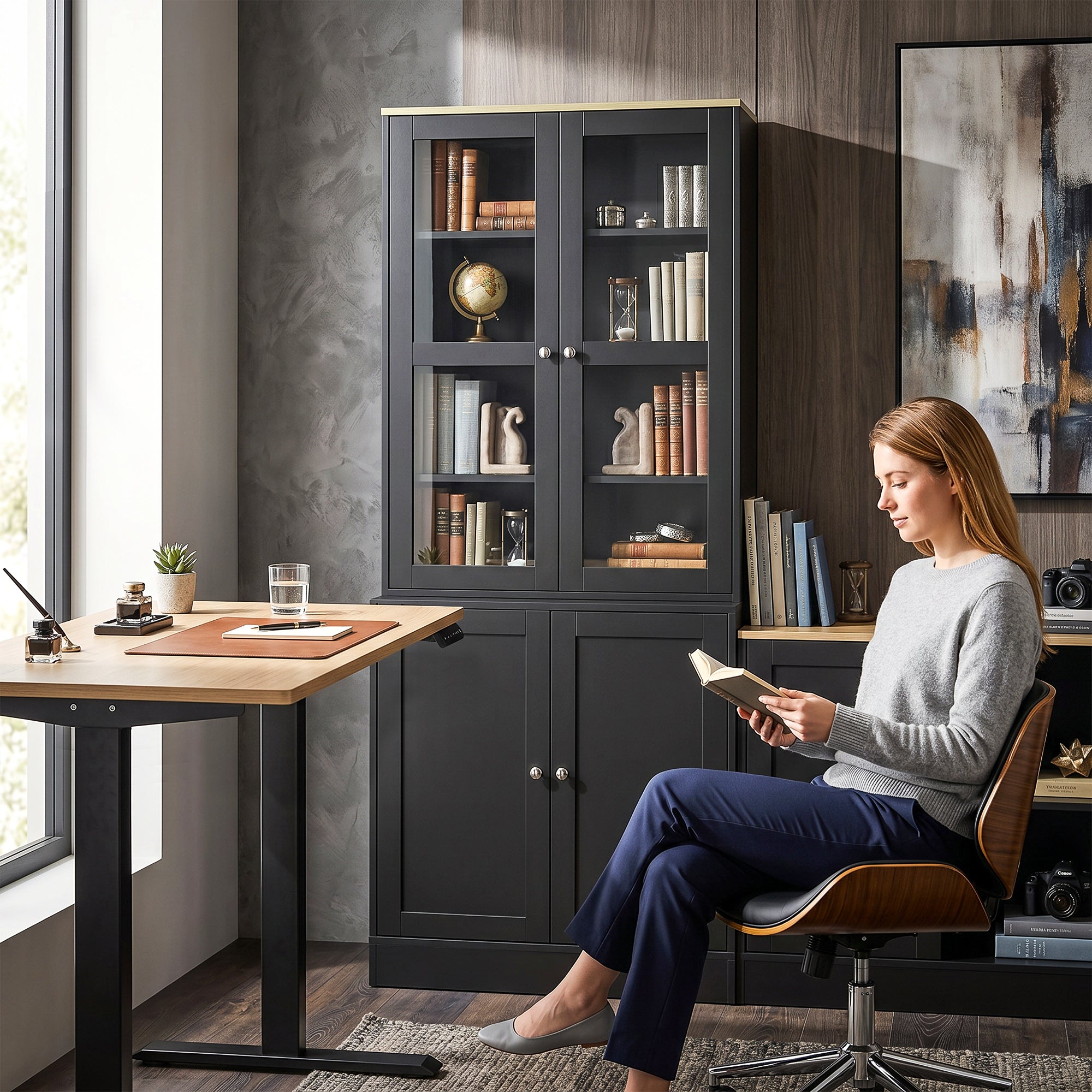 Modern Bookcase Display Storage Unit with Glass Doors Adjustable Shelves, Black
