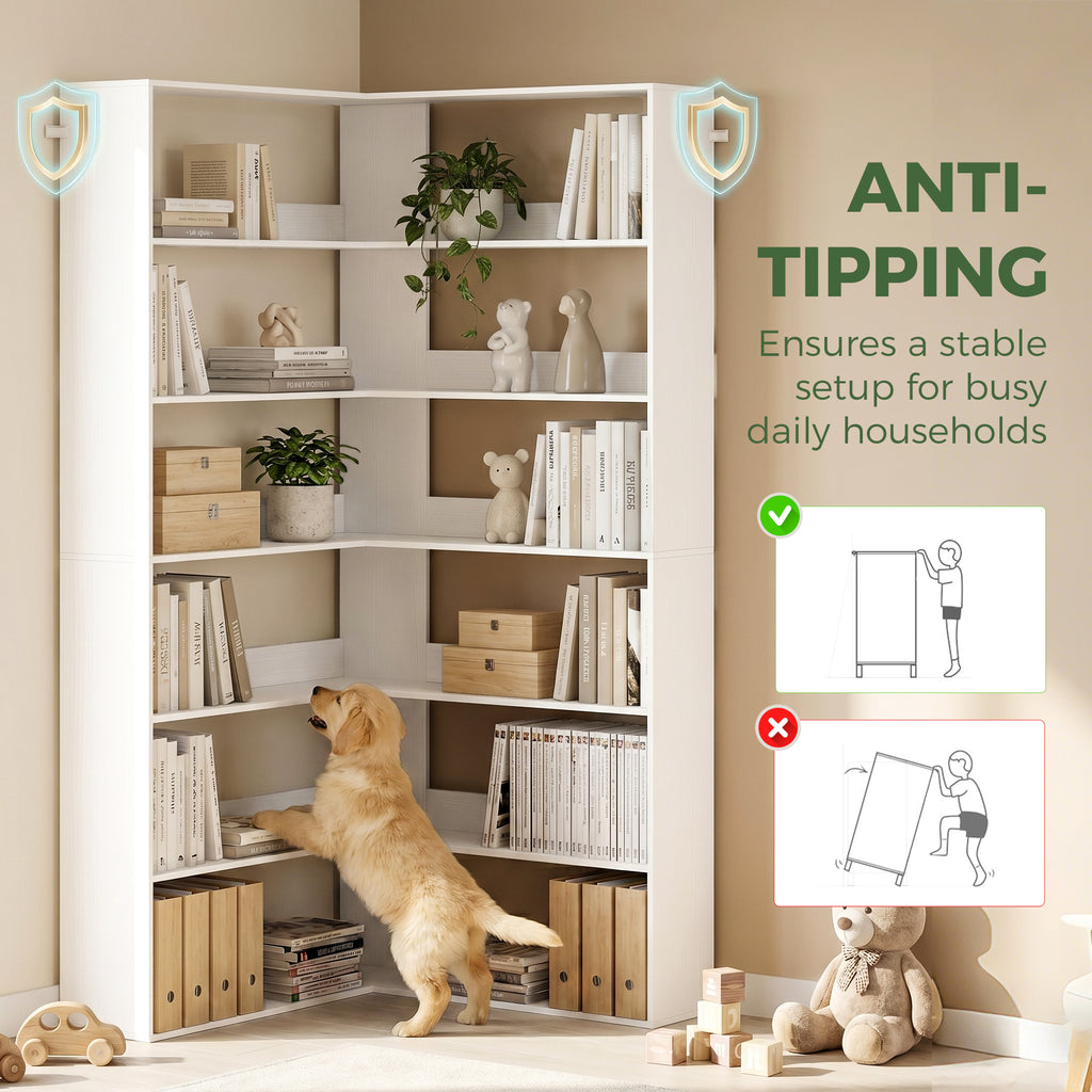 7 Tiers Bookshelf, L-Shaped Corner Bookcase with Anti-Slip Rear Guard, White Wood Effect