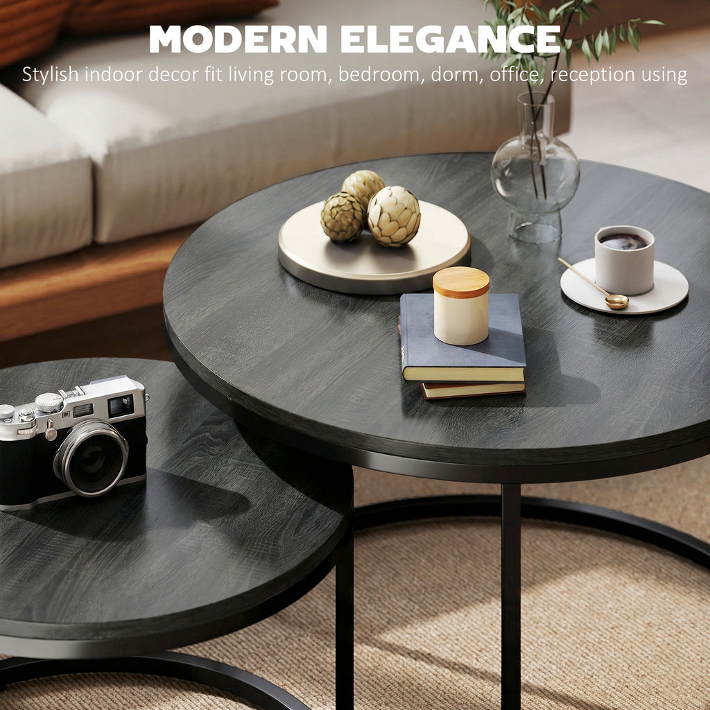 Set of Two Wood-Effect Stacking Tables - Black Wood Grain