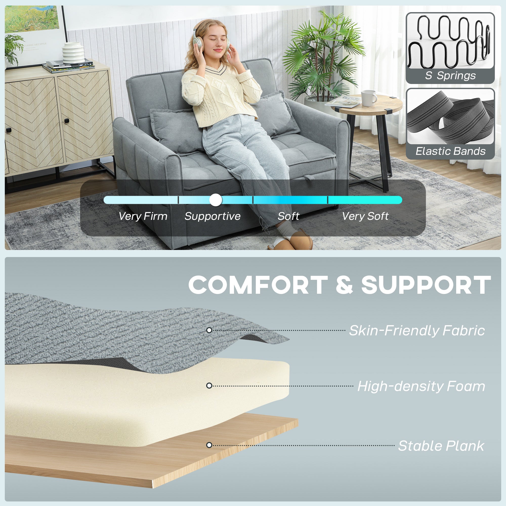 2 Seater Sofa Bed, 3-in-1 Convertible Sleeper Sofa with Click-clack Adjustable Backrest and 2 Pillows, Grey