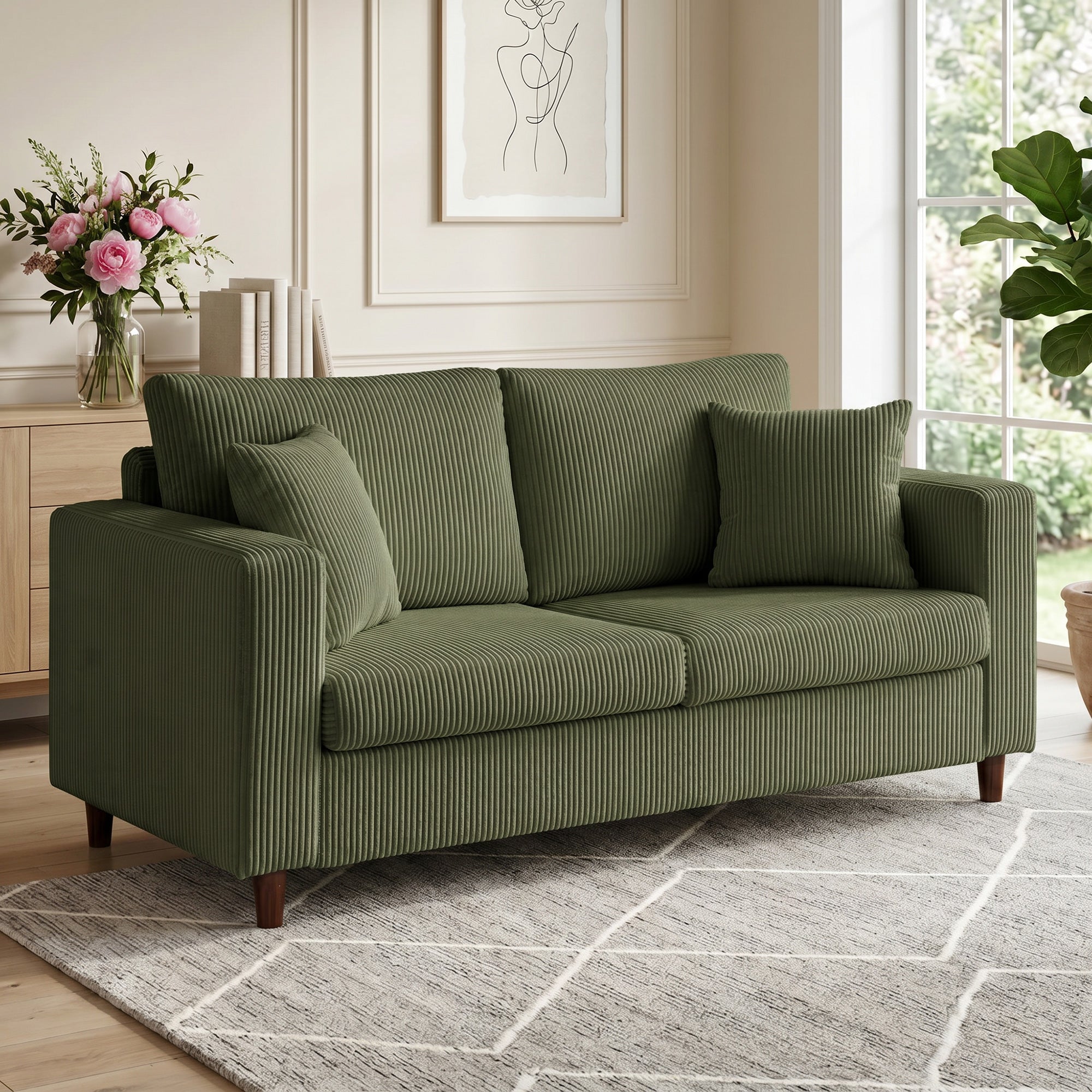 Loveseat Sofa with Wide Seat, Corduroy 2 Seater Couch with Deep Seat, Spring Cushion, Green