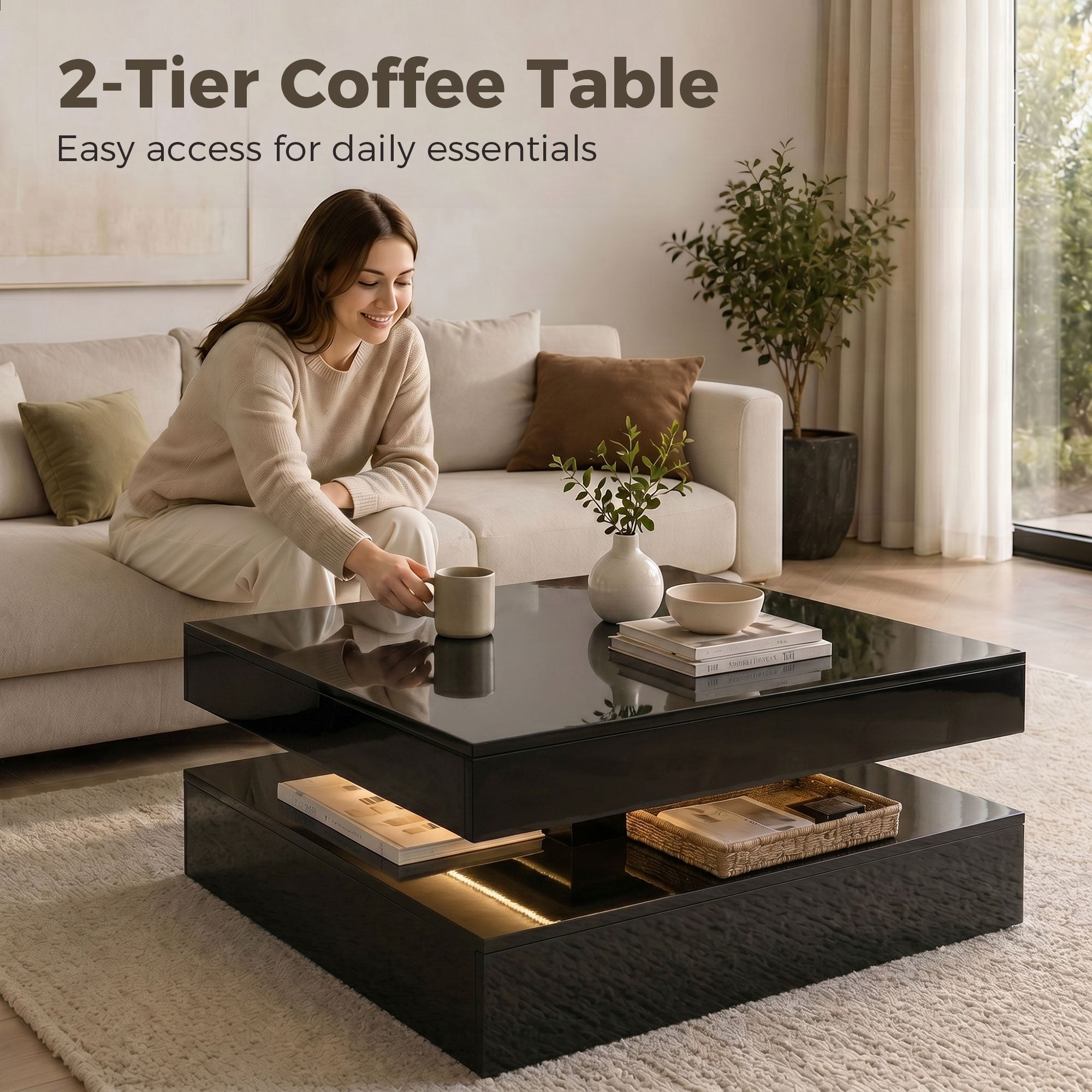 LED Coffee Table with Storage, 2-Tier Modern Centre Table with Open Shelf and Remote for Living Room, High Gloss Black