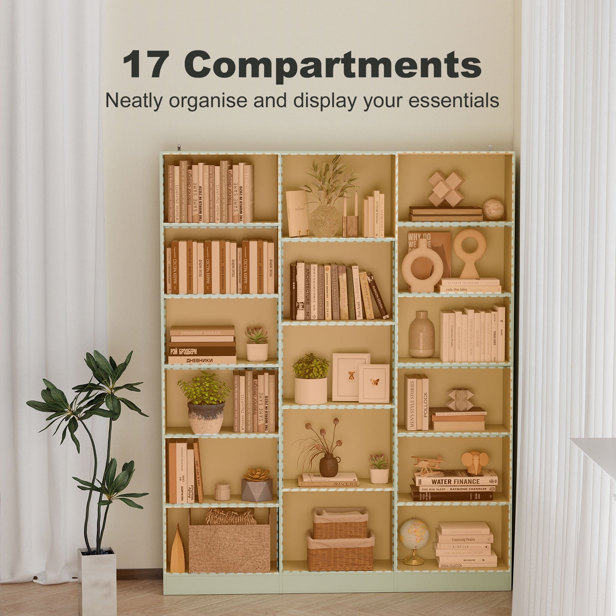 Bookcase with Open Storage, 6-Tier Bookshelf with Anti-Tipping Hardware, Light Green