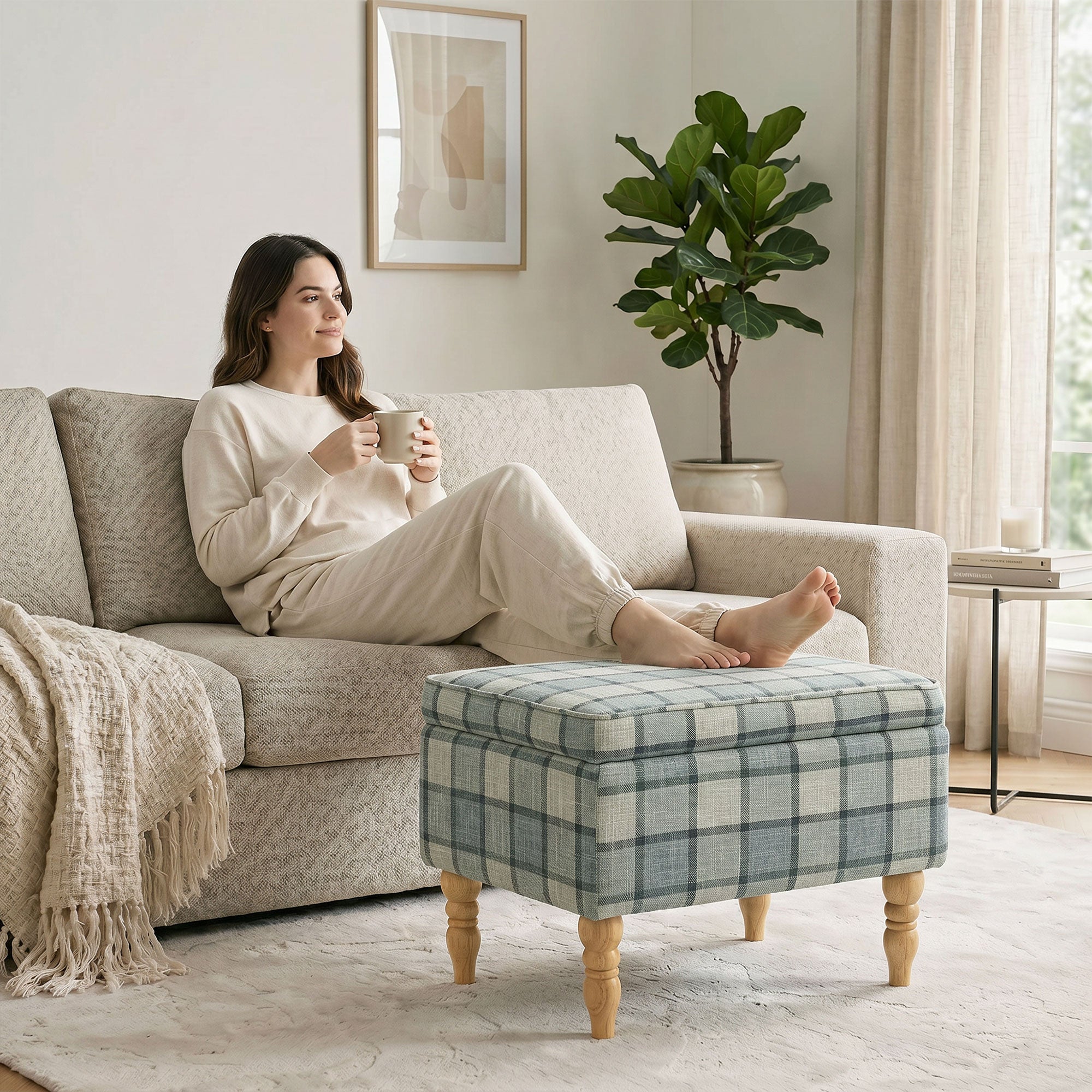 Linen Fabric Upholstered Footstool, Rectangular Storage Stool with Removable Top, Padded Seat and Hidden Space, Grey