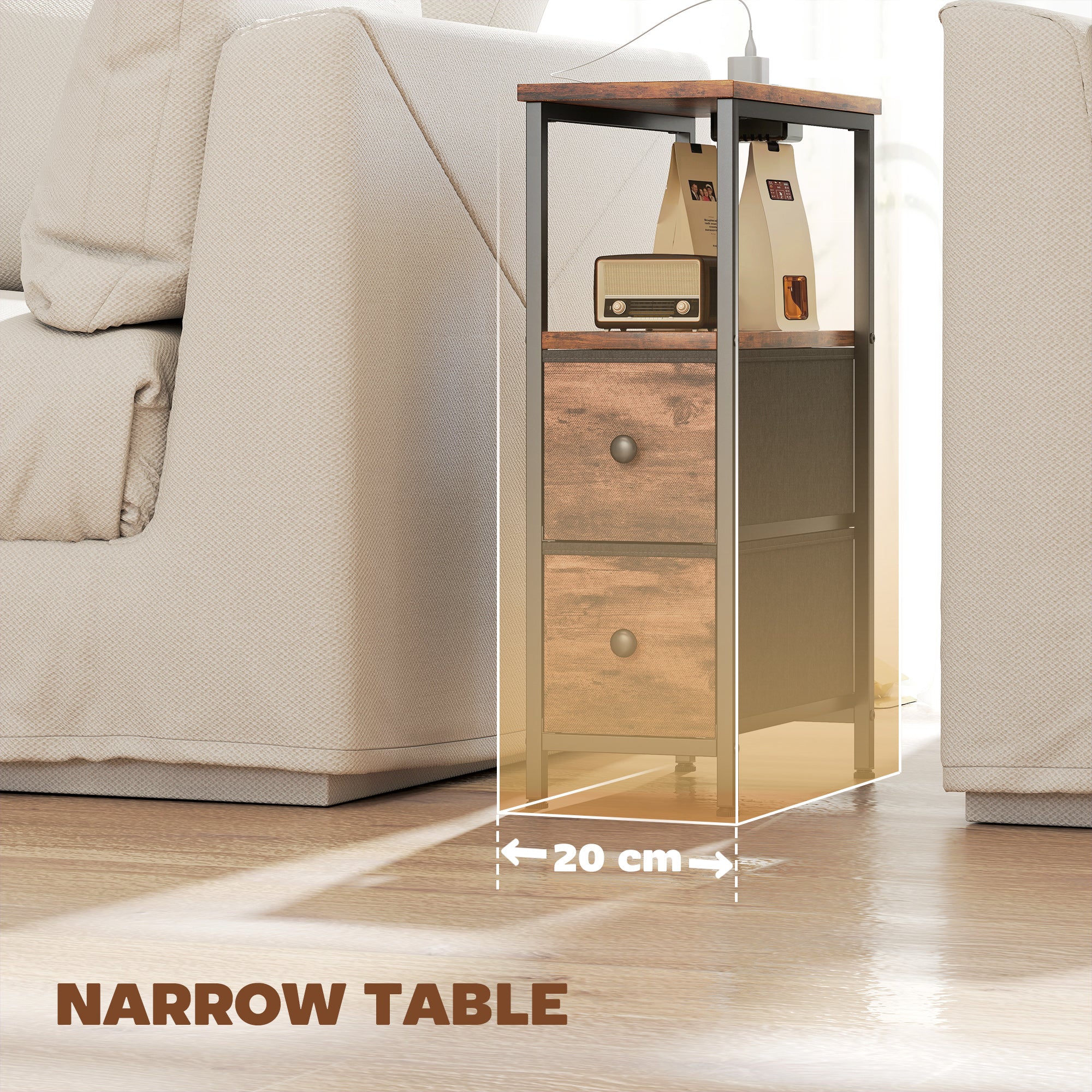 Side Table, Narrow Bedside Table with Charging Station, 2 Drawers, AC Outlet and 2 USB Ports for Living Room, Bedroom