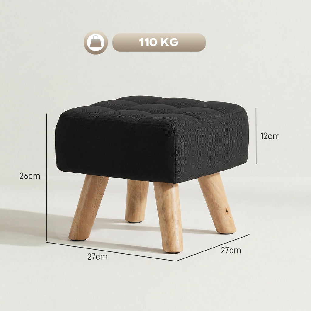 Linen-Look Square Padded Footstool - Black