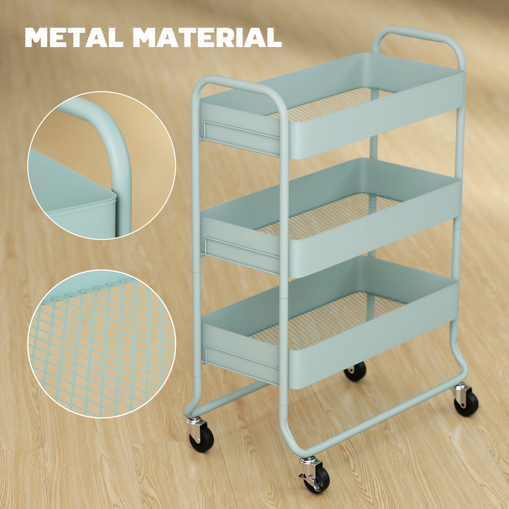 HOMCOM 3-Tier Storage Trolley on Wheels with Mesh Baskets - Light Green