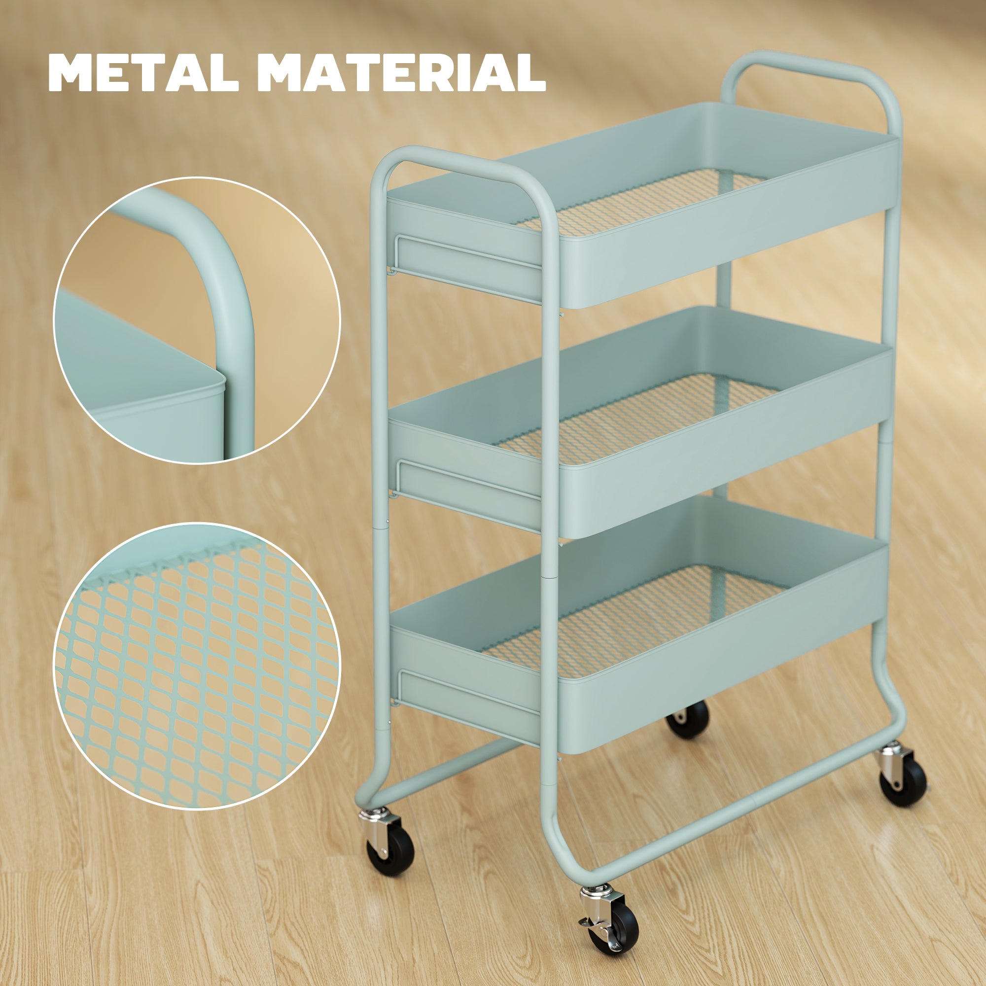 HOMCOM 3-Tier Storage Trolley on Wheels with Mesh Baskets - Light Green