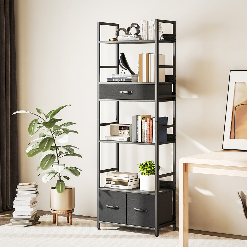 Industrial Style Bookcase, with 4 Shelves and 3 Fabric Drawers - Grey/Black