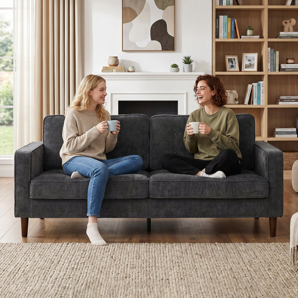 3 Seater Sofa Button Tufted Upholstered Couch with Wood Legs for Living Room, Dark Grey