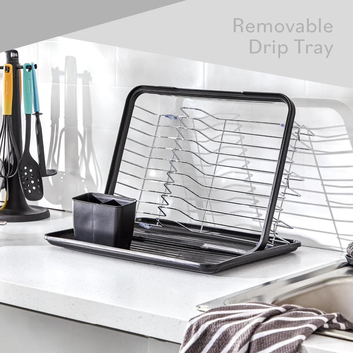 Dish Drainer Rack with Drip Tray and Cutlery Holder