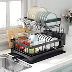 2 Tier Dish Drainer Rack with Cutlery Holder, Cup Rack & Board Holder