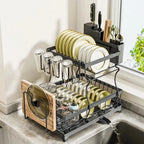 2 Tier Dish Drainer Rack with Cutlery Holder, Cup Rack & Board Holder